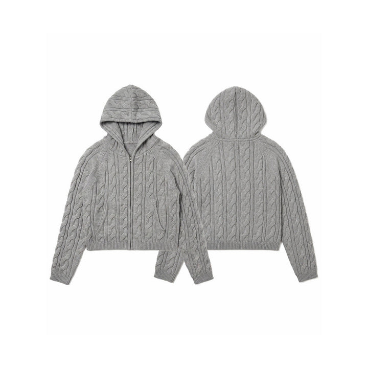 Damen Kapuzen-Zopfstrick-Cardigan mit Reißverschluss und Raglanärmeln Drune