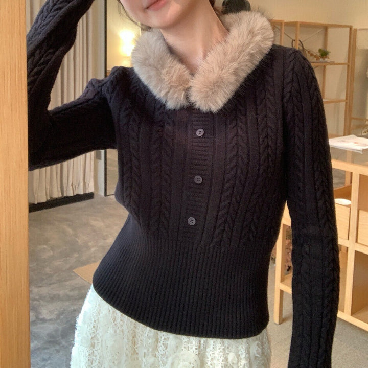 Damen Eleganter Strickpullover mit Kunstfellkragen Drune