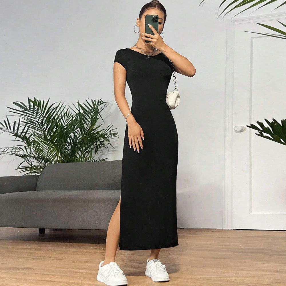 Damen figurbetontes Maxikleid mit seitlichem Schlitz und modernen Kurzärmeln Drune