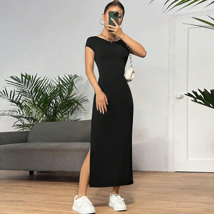 Damen figurbetontes Maxikleid mit seitlichem Schlitz und modernen Kurzärmeln Drune