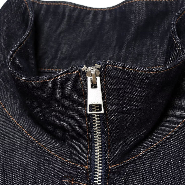 Damen Jeans-Cropped-Blouson mit Taillengürtel und hohem Stehkragen Drune