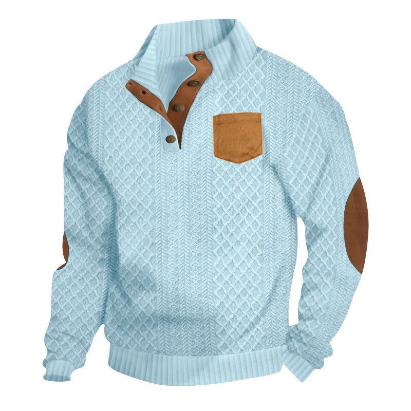 Herren Strukturiertes Kabelstrick-Sweatshirt mit Halbknopfblende, Kunstleder‑Patchtasche & Ellbogenpatches Drune