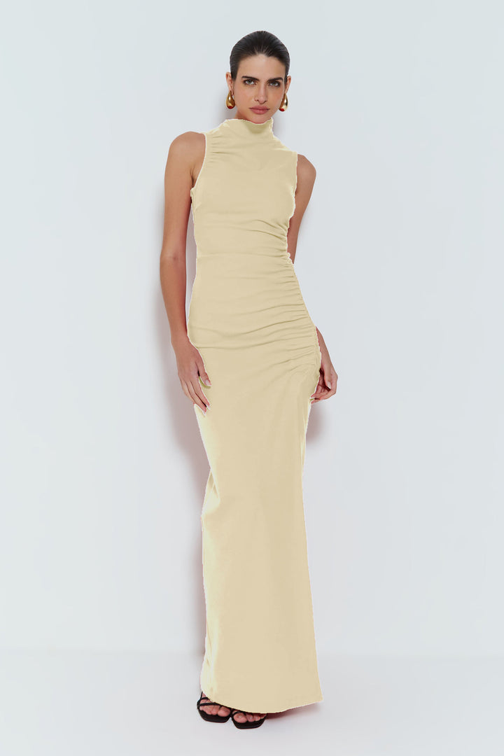 Damen Figurbetontes Maxikleid mit Stehkragen und geschmeidigem Rüschen-Design Drune