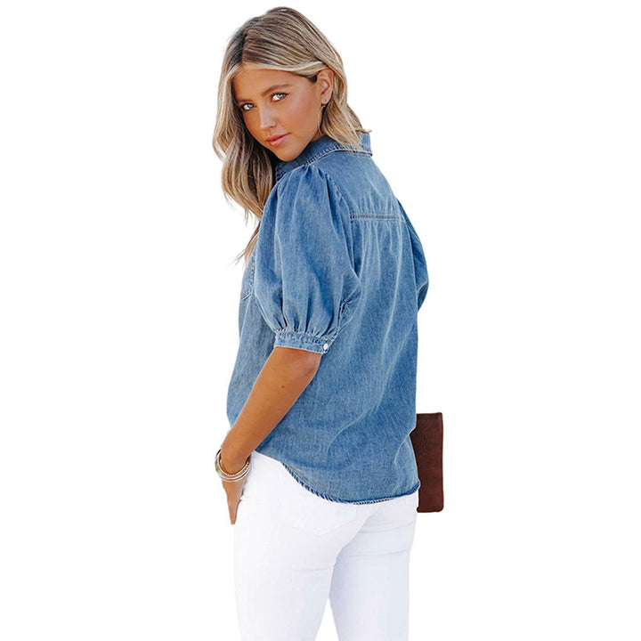 Damen Denim-Hemd mit Puffärmeln und aufgesetzter Brusttasche Drune