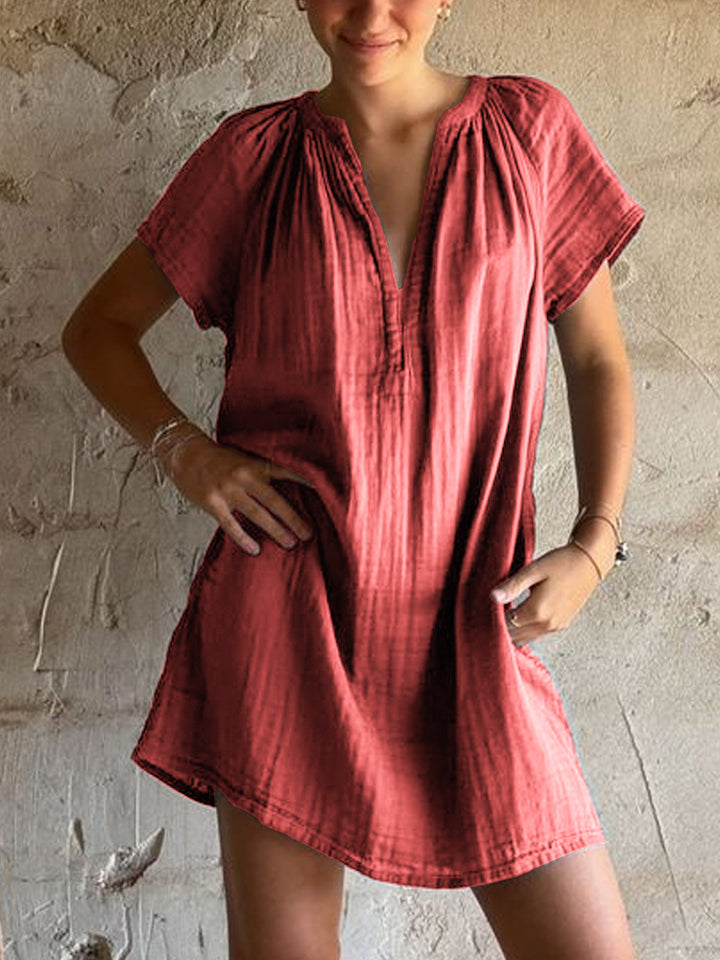 Damen lässiges Tunika-Kleid mit tiefem V-Ausschnitt und Raffung Drune