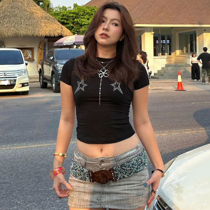 Damen Crop-Top mit glamourösen Sternenapplikationen Drune