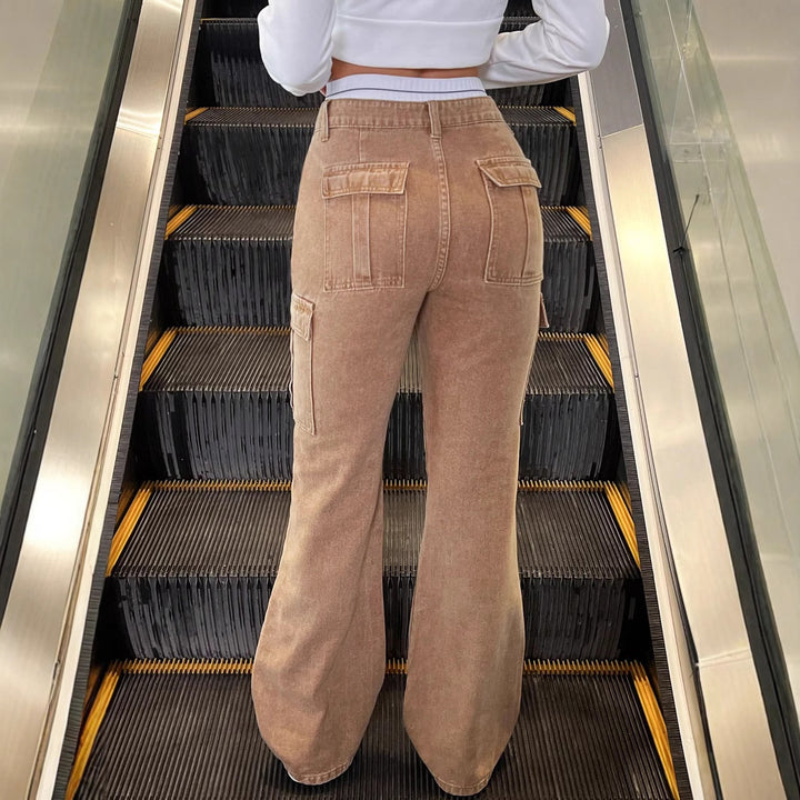 Damen Hochgeschnittene Cargo-Jeans im Flared-Cut mit Tunnelzugbündchen Drune