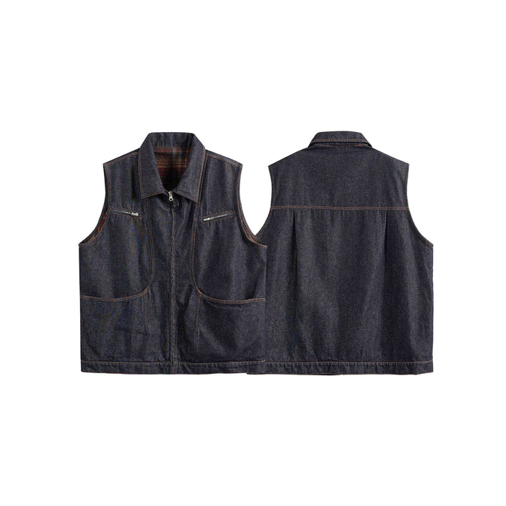Herren Denim-Weste mit Reißverschluss, großen Pattentaschen und Karofutter Drune