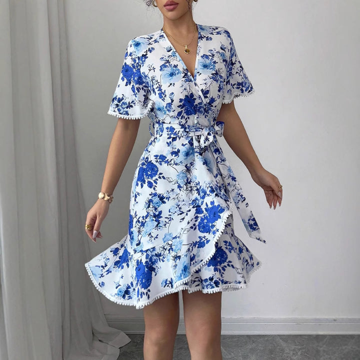 Damen florales Wickelkleid mit Rüschendetails und Taillengürtel Drune