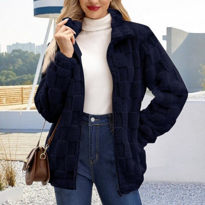 Damen Teddyjacke mit Karo-Struktur, Stehkragen und Reißverschluss Drune