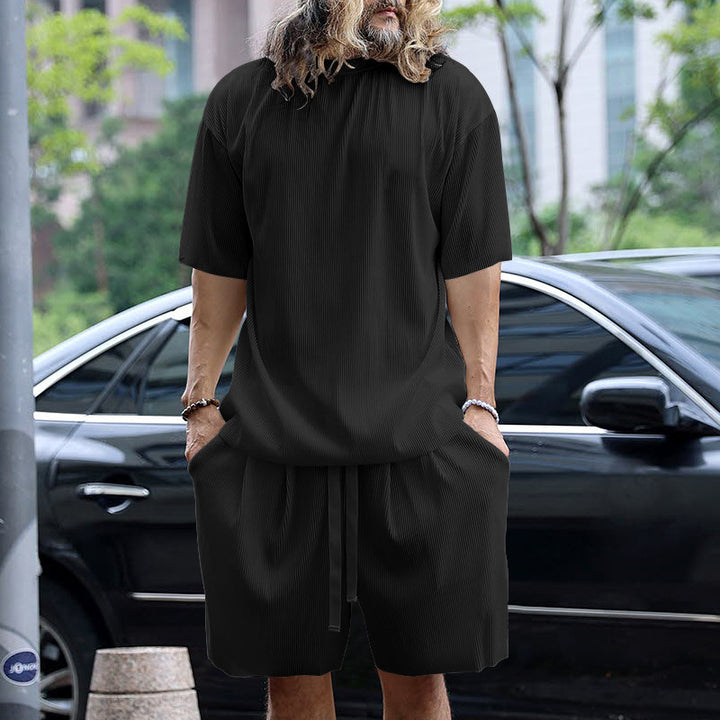 Herren nan modernes geripptes Freizeitset mit weitem Kurzarmshirt und elastischer Tunnelzughose Drune