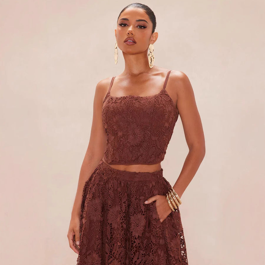 Damen Spitzen-Midi-Kleid mit zartem Blumenmuster und schwingendem Rock Drune