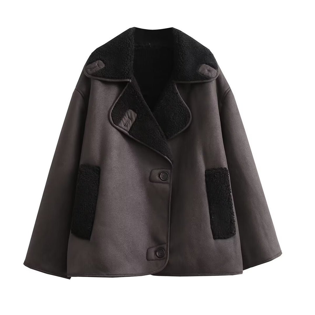 Damen Kastenförmige Kurzjacke aus Velourslederimitat mit Teddykragen und verdeckter Knopfleiste Drune
