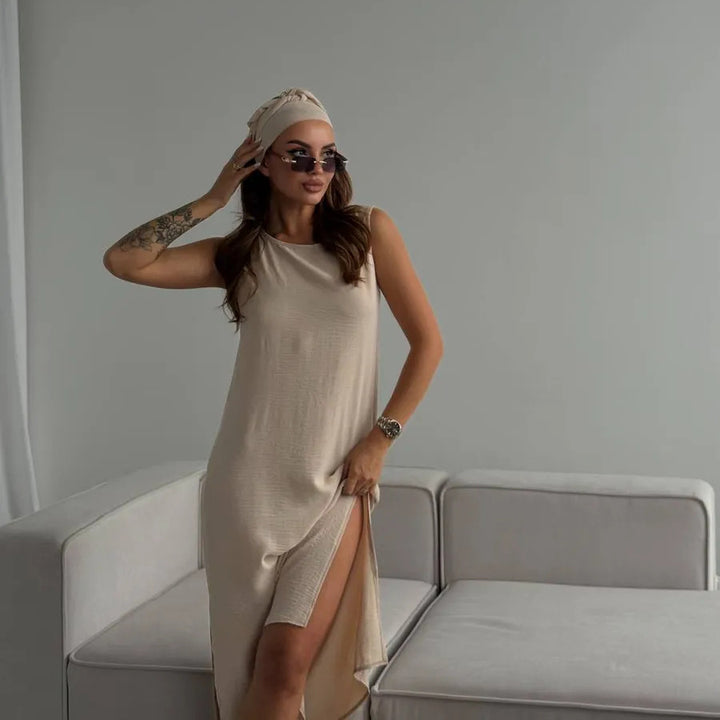 Damen Maxikleid mit elegantem Seitenschlitz und fließendem Stoff Drune