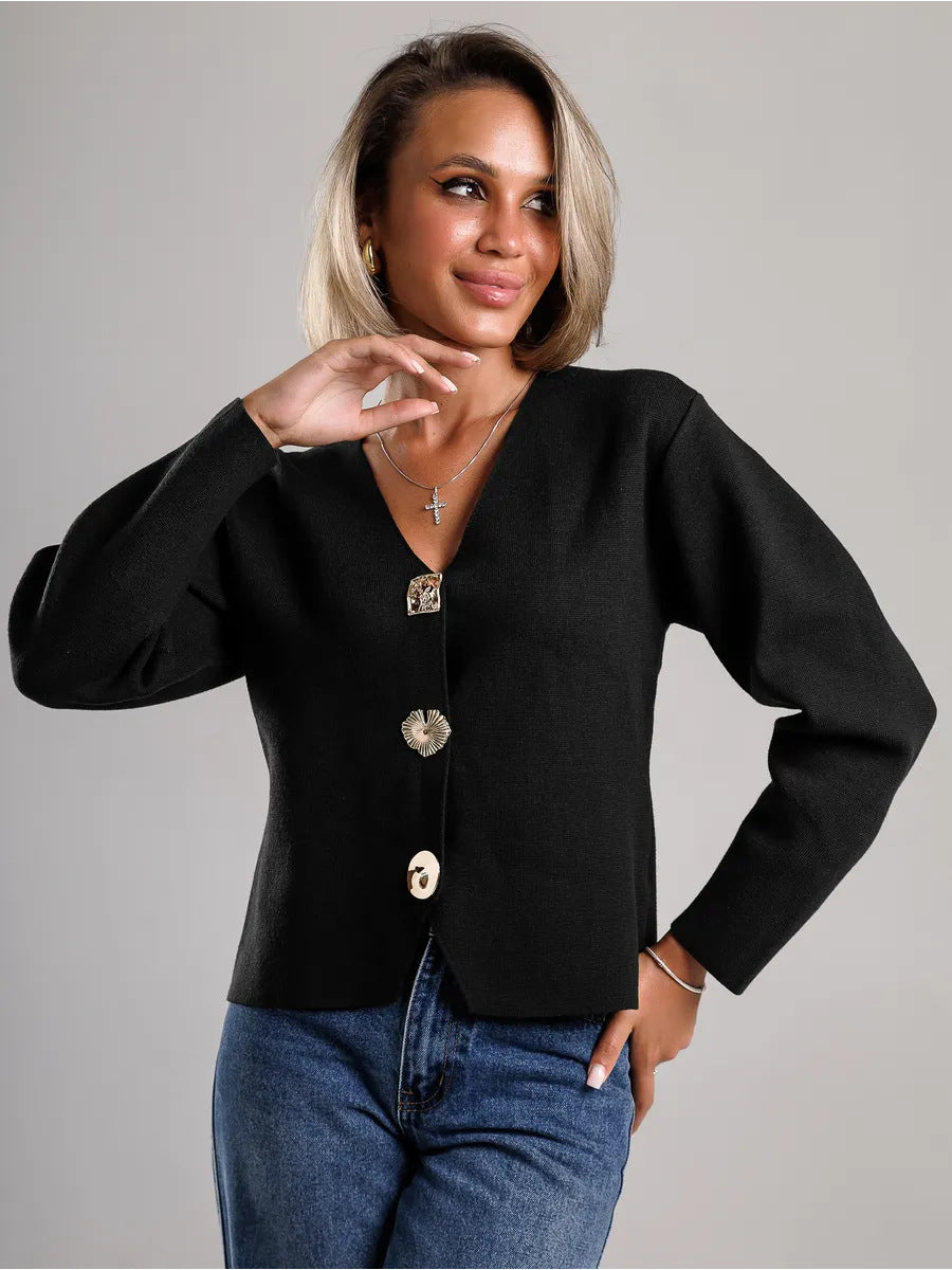Damen Strickjacke mit goldenen Knöpfen und V-Ausschnitt Drune