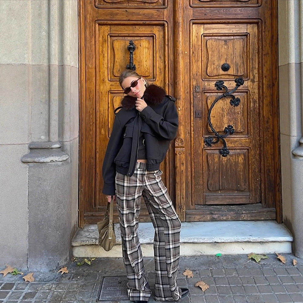 Damen Boxy-Kurzmantel mit voluminösem Fellkragen und Reißverschluss Drune