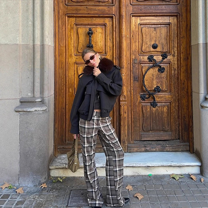 Damen Boxy-Kurzmantel mit voluminösem Fellkragen und Reißverschluss Drune