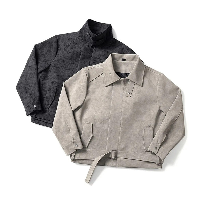 Herren Kurz geschnittene Velours-Optik Jacke mit Hemdkragen, Gürteldetail & verdecktem Reißverschluss Drune