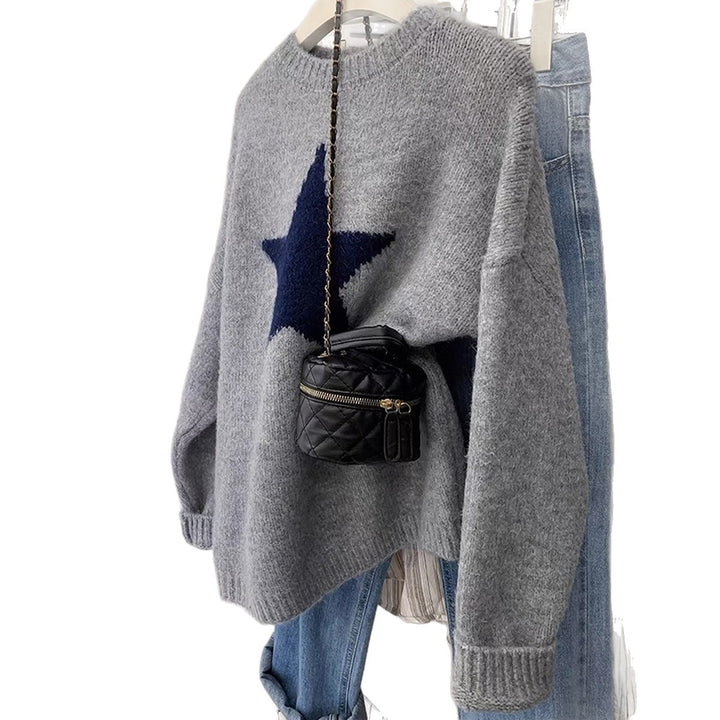 Damen nan oversized Strickpullover mit markantem Sternmotiv, Rundhalsausschnitt und gerippten Bündchen Drune
