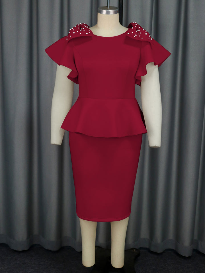 Damen elegantes Kleid mit voluminösen Rüschensäumen und charmanten Perlenakzenten Drune