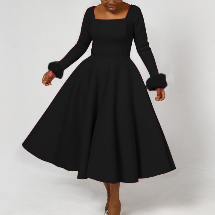 Damen Kleid mit quadratischem Ausschnitt und modischen Fuchsfell-Ärmeln Drune