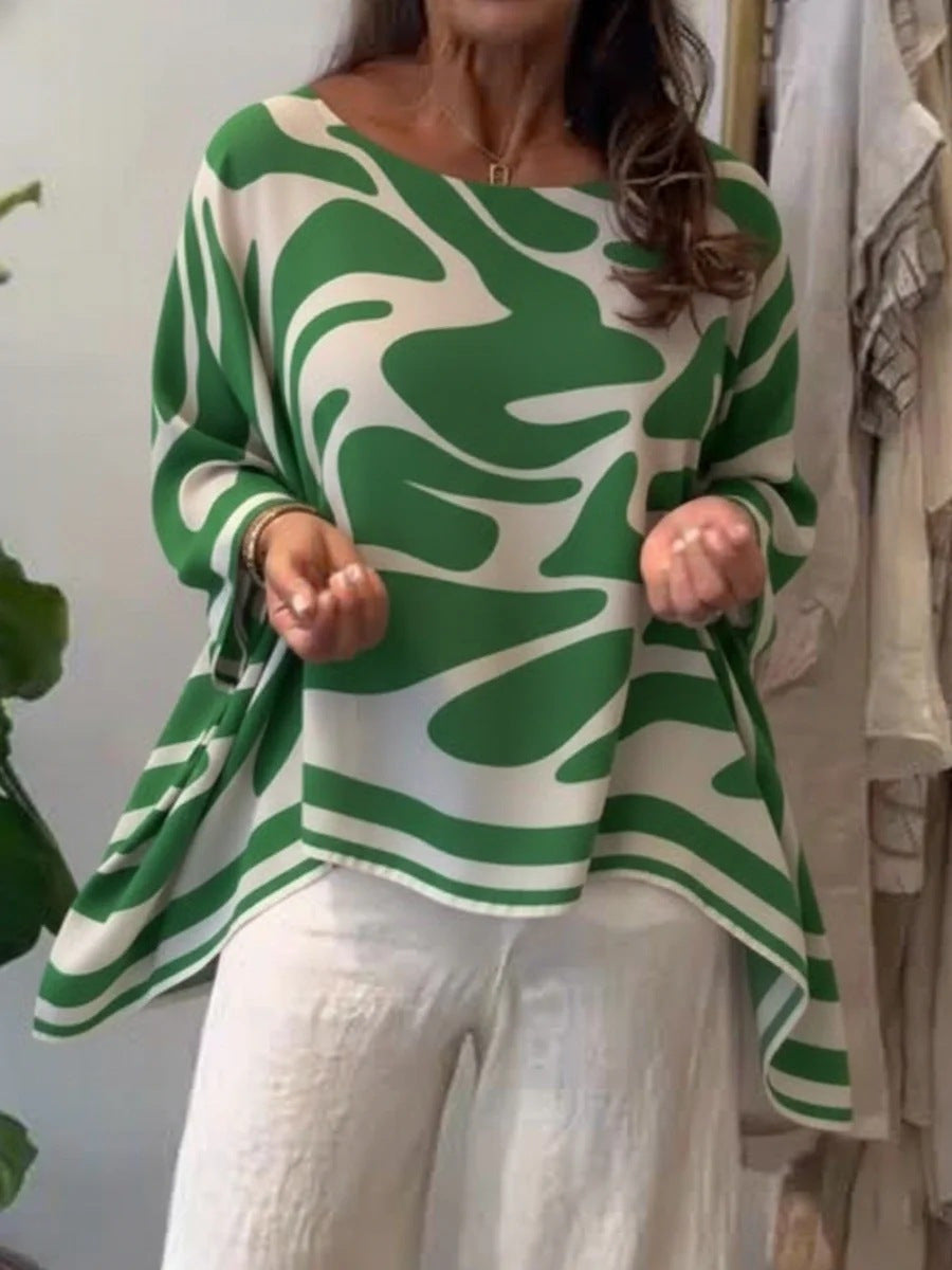 Damen Oversize Sommerbluse mit abstraktem Print, Fledermausärmeln und asymmetrischem Saum Drune