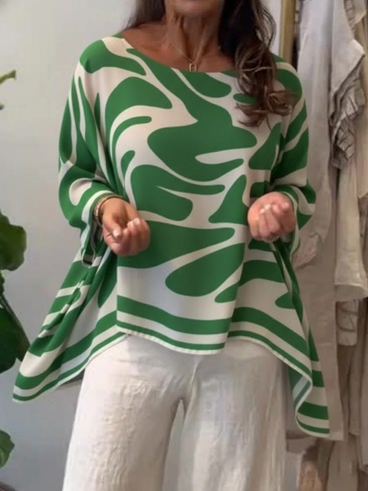 Damen Oversize Sommerbluse mit abstraktem Print, Fledermausärmeln und asymmetrischem Saum Drune