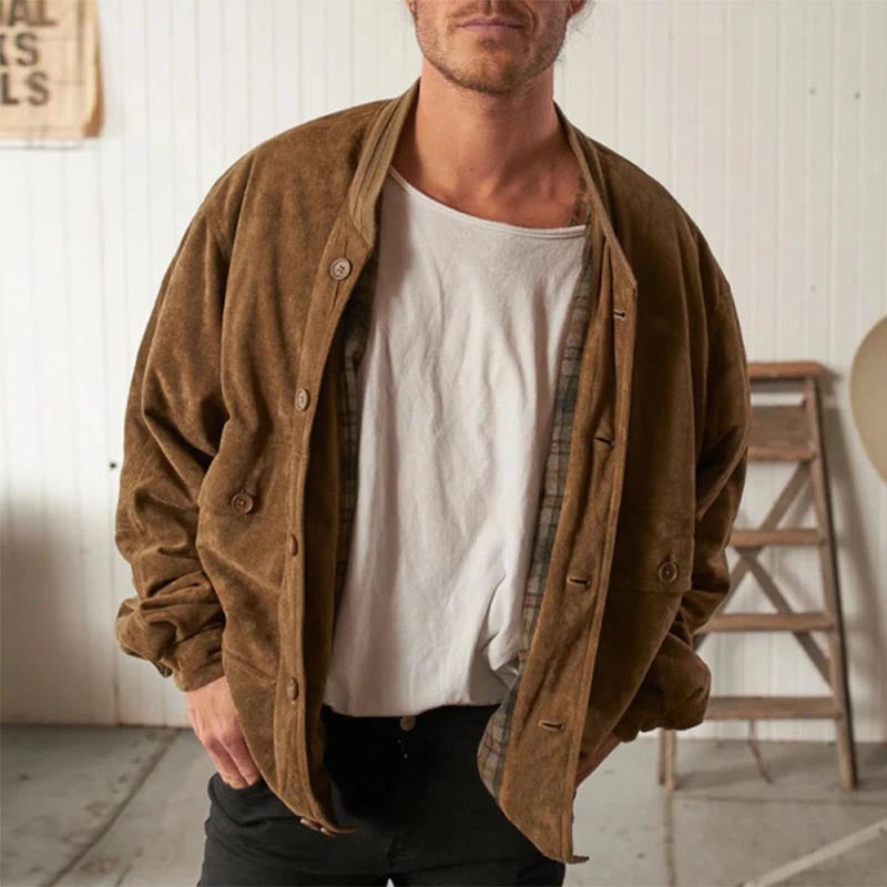 Herren Oversized Velourslederoptik Bomberjacke mit Karofutter und Knopfverschluss Drune