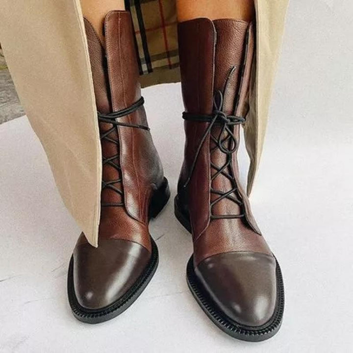Damen  knöchelhohe Schnürstiefel mit spitzer Kappenausführung und genarbter Lederoptik Drune