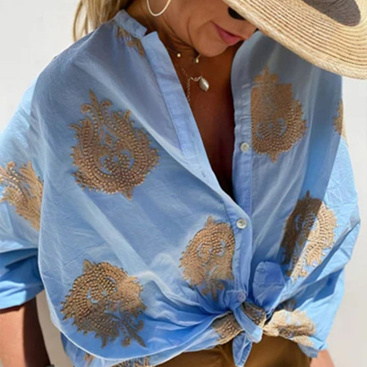 Damen Boho Leinen Bluse mit Perlenstickerei und Knotenband Drune
