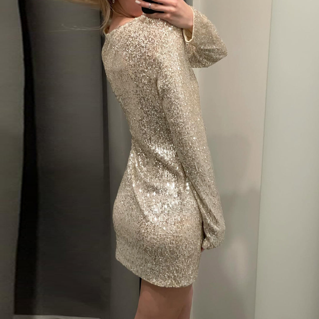 Damen Glitzerndes Minikleid mit langen Ärmeln und Rundhalsausschnitt Drune