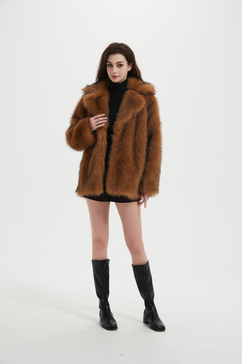 Damen Kurzer luxuriöser Kunstpelzmantel mit voluminösem Schalkragen und Boxy‑Silhouette Drune
