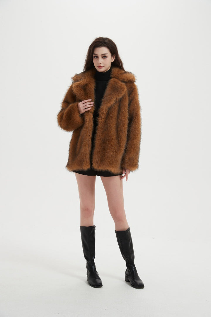 Damen Kurzer luxuriöser Kunstpelzmantel mit voluminösem Schalkragen und Boxy‑Silhouette Drune