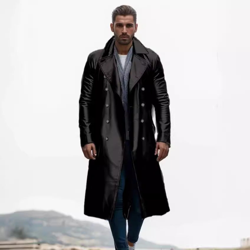 Herren Langer glänzender Kunstleder-Trenchcoat mit Doppelreiher und markantem Revers Drune
