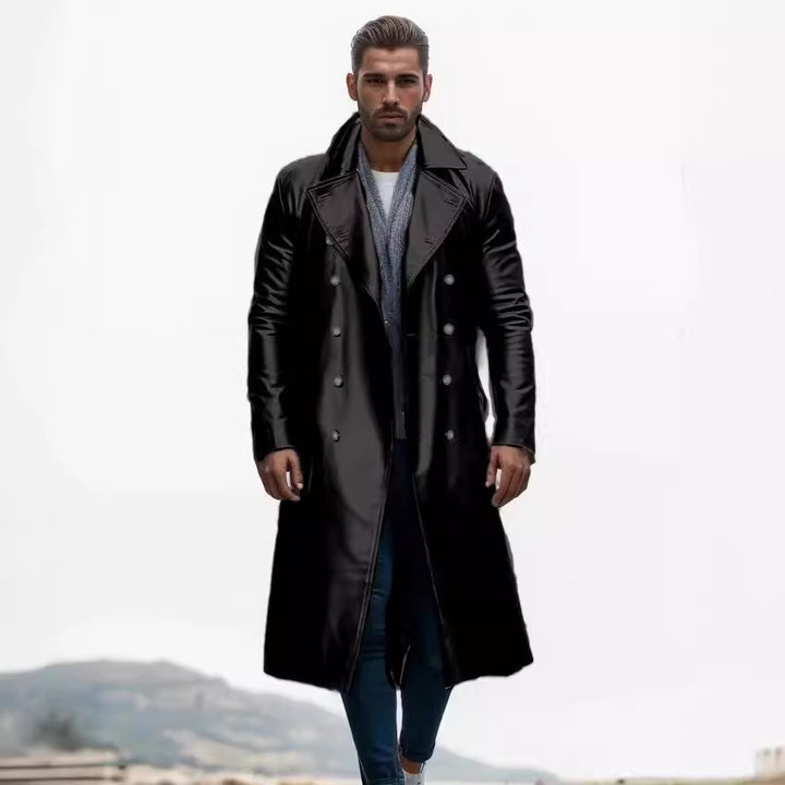 Herren Langer glänzender Kunstleder-Trenchcoat mit Doppelreiher und markantem Revers Drune