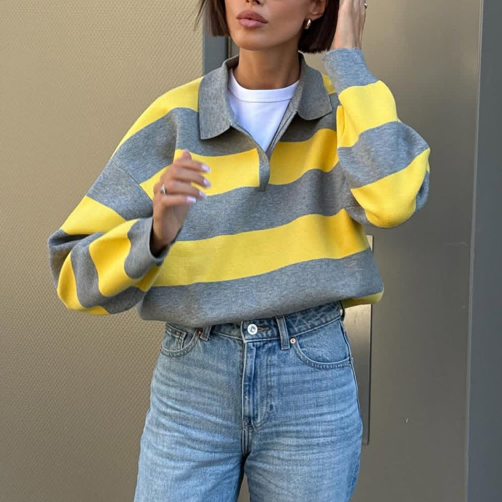 Damen Oversize Streifen-Rugby-Pullover mit offenem Polokragen und V-Ausschnitt Drune