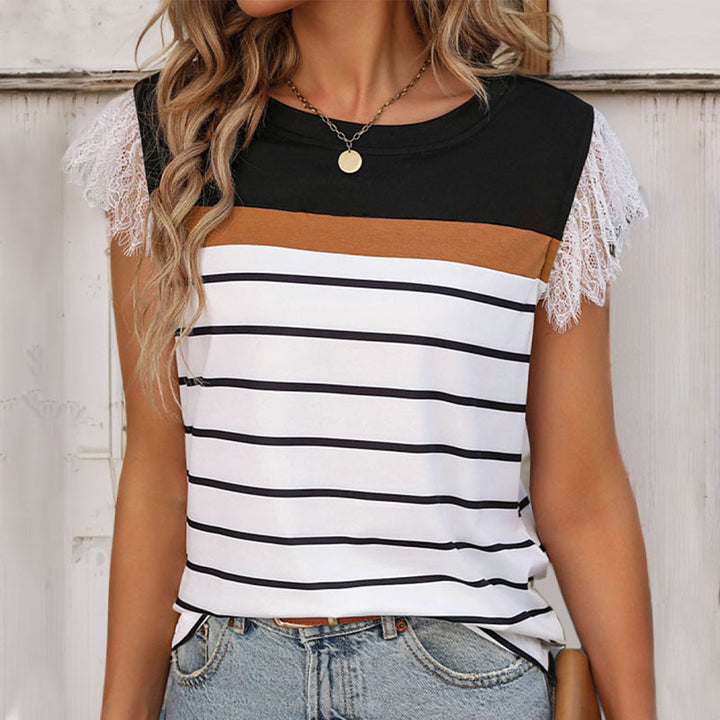 Damen T-Shirt mit Spitzenärmeln und gestreiftem Muster Drune