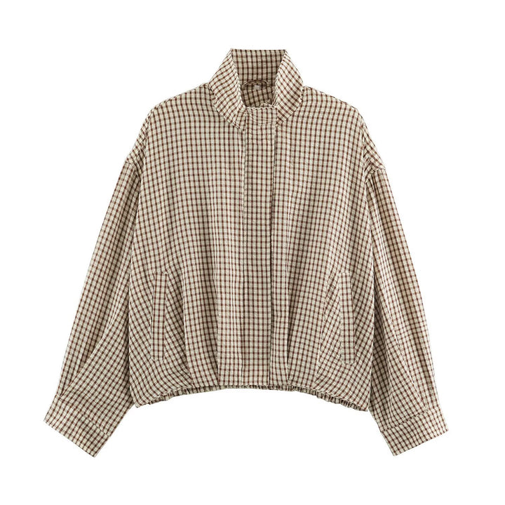 Damen Karo-Übergangsjacke im Oversize-Cropped-Schnitt mit hohem Stehkragen Drune