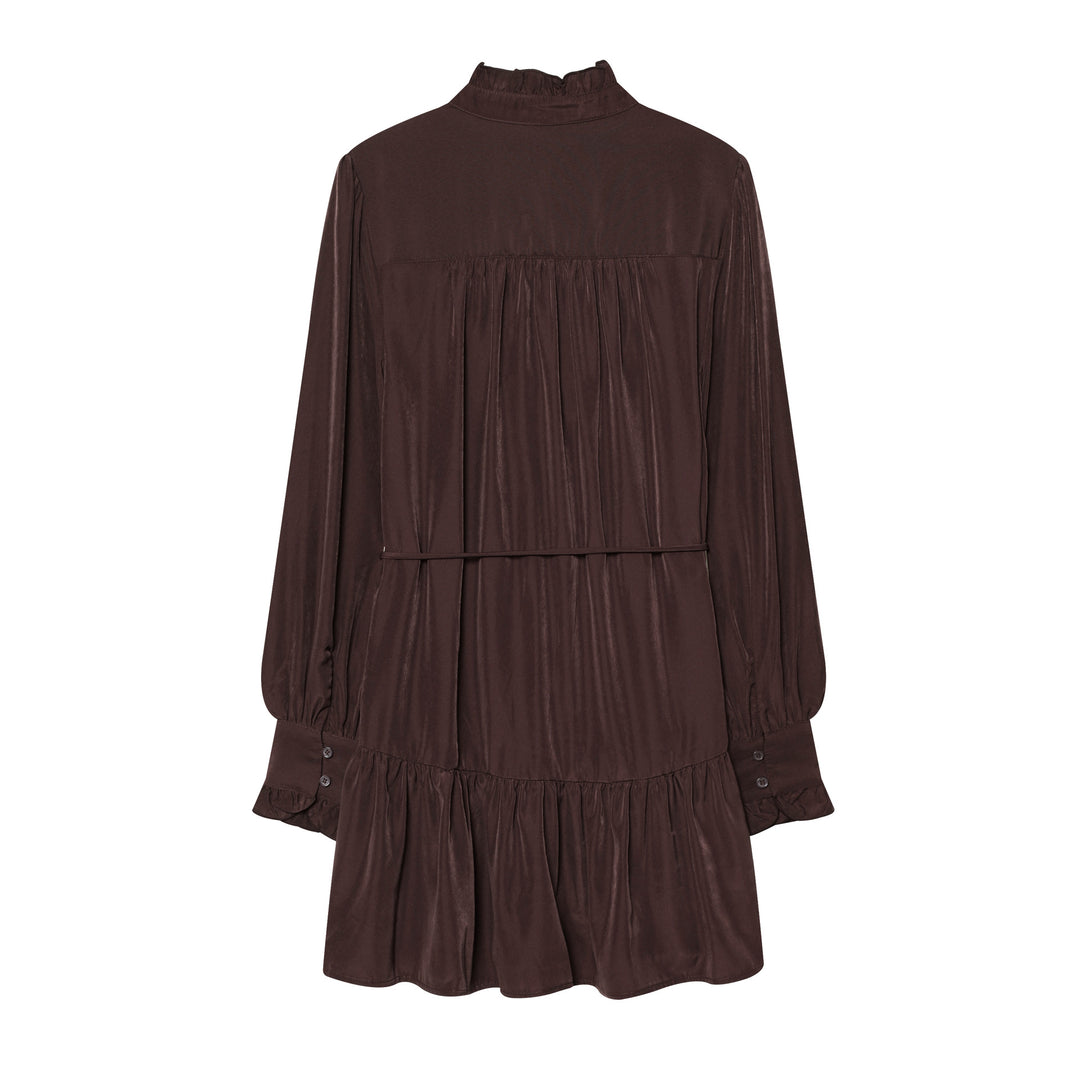 Damen nan gepunktetes Midikleid mit Rüschenblende, Taillenzug und stufigem Volantrock Drune