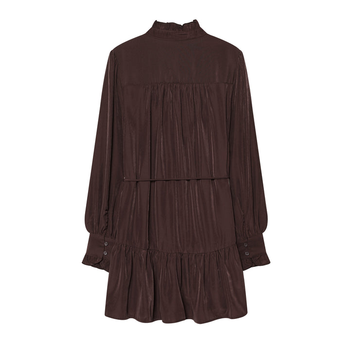Damen nan gepunktetes Midikleid mit Rüschenblende, Taillenzug und stufigem Volantrock Drune