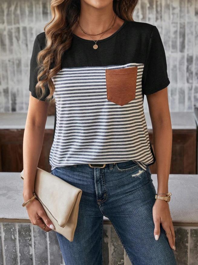Damen Trendiges T-Shirt mit gestreiftem Design und Leder-Tasche Drune