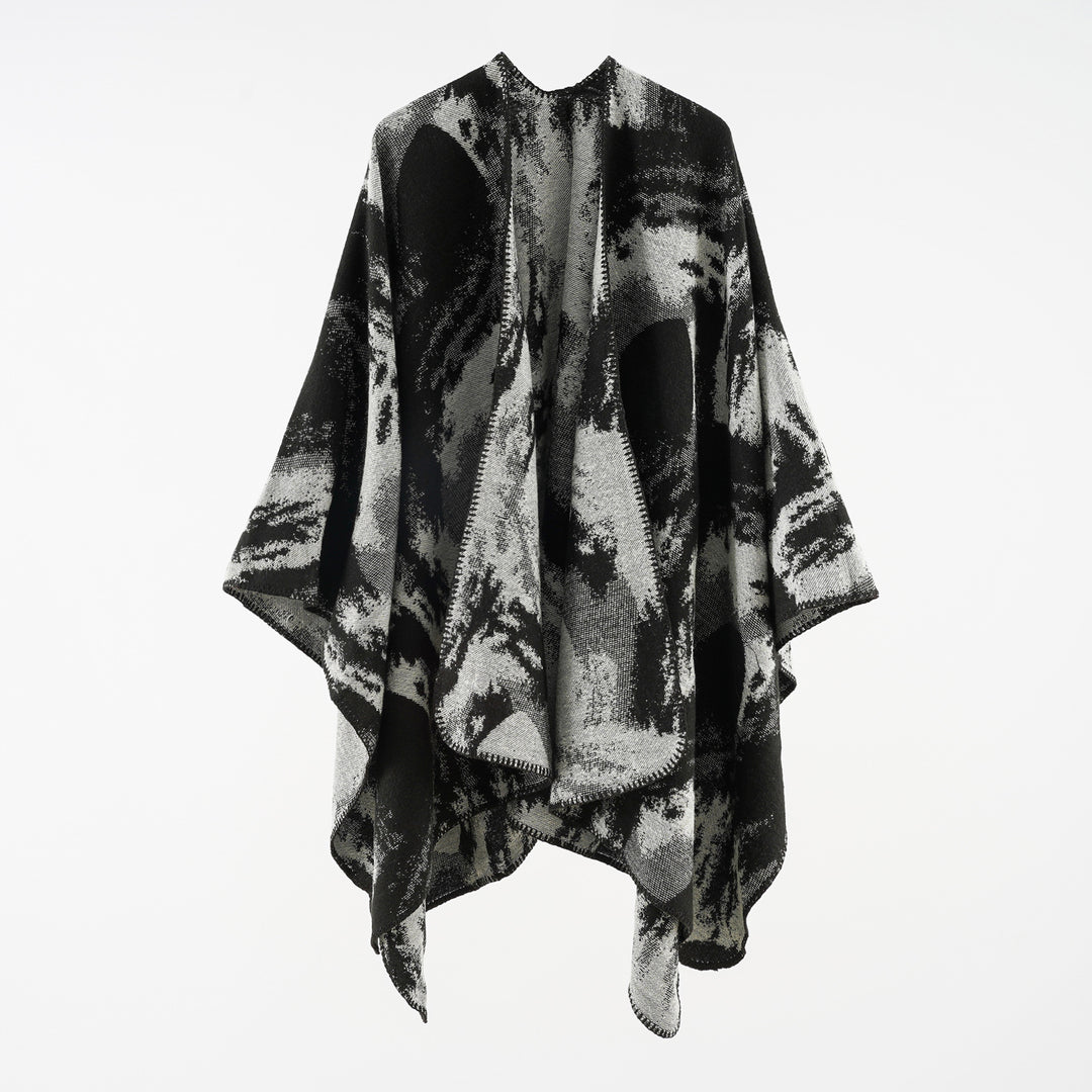 Damen Oversize-Jacquard-Umhang aus Wollmix mit grafischem Aquarellmuster und Kettelkante Drune