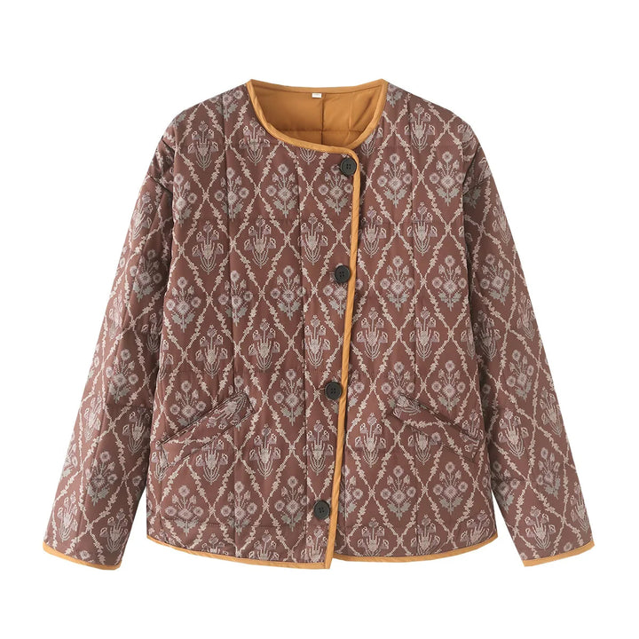 Damen nan leichte gesteppte Jacquard-Steppjacke mit Rundhalsausschnitt, Kontrastpaspel und aufgesetzten Klappentaschen Drune