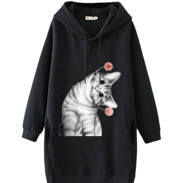 Damen Oversize Kapuzenkleid aus Sweat mit großem Katzenprint und Seitentaschen Drune