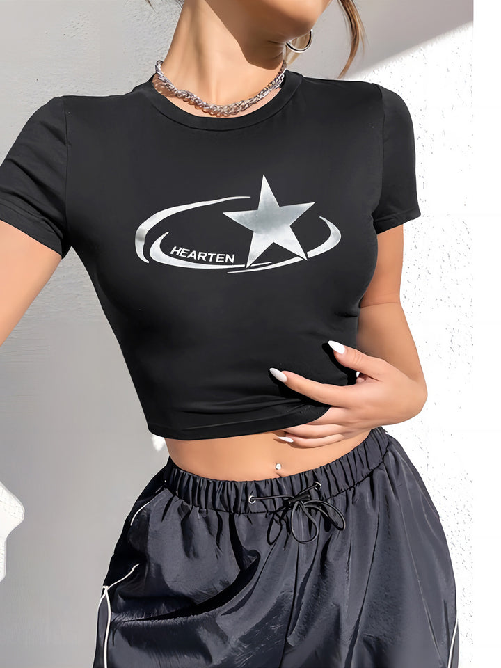 Damen Crop-T-Shirt mit glänzendem Sternmotiv und figurbetontem Schnitt Drune
