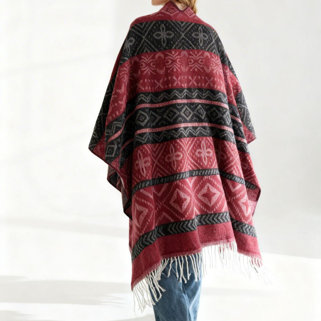 Damen Oversize-Cape mit eingewebtem Diamant-Jacquard, V‑Ausschnitt und Fransensaum Drune