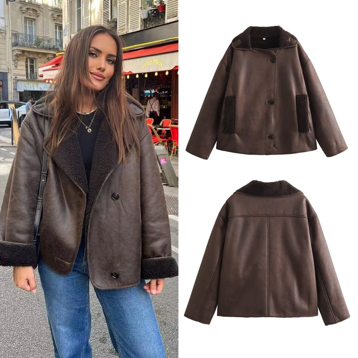 Damen Kurze Lammfelloptik Fliegerjacke mit Teddyfutter und Knopfleiste Drune