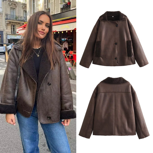 Damen Kurze Lammfelloptik Fliegerjacke mit Teddyfutter und Knopfleiste Drune