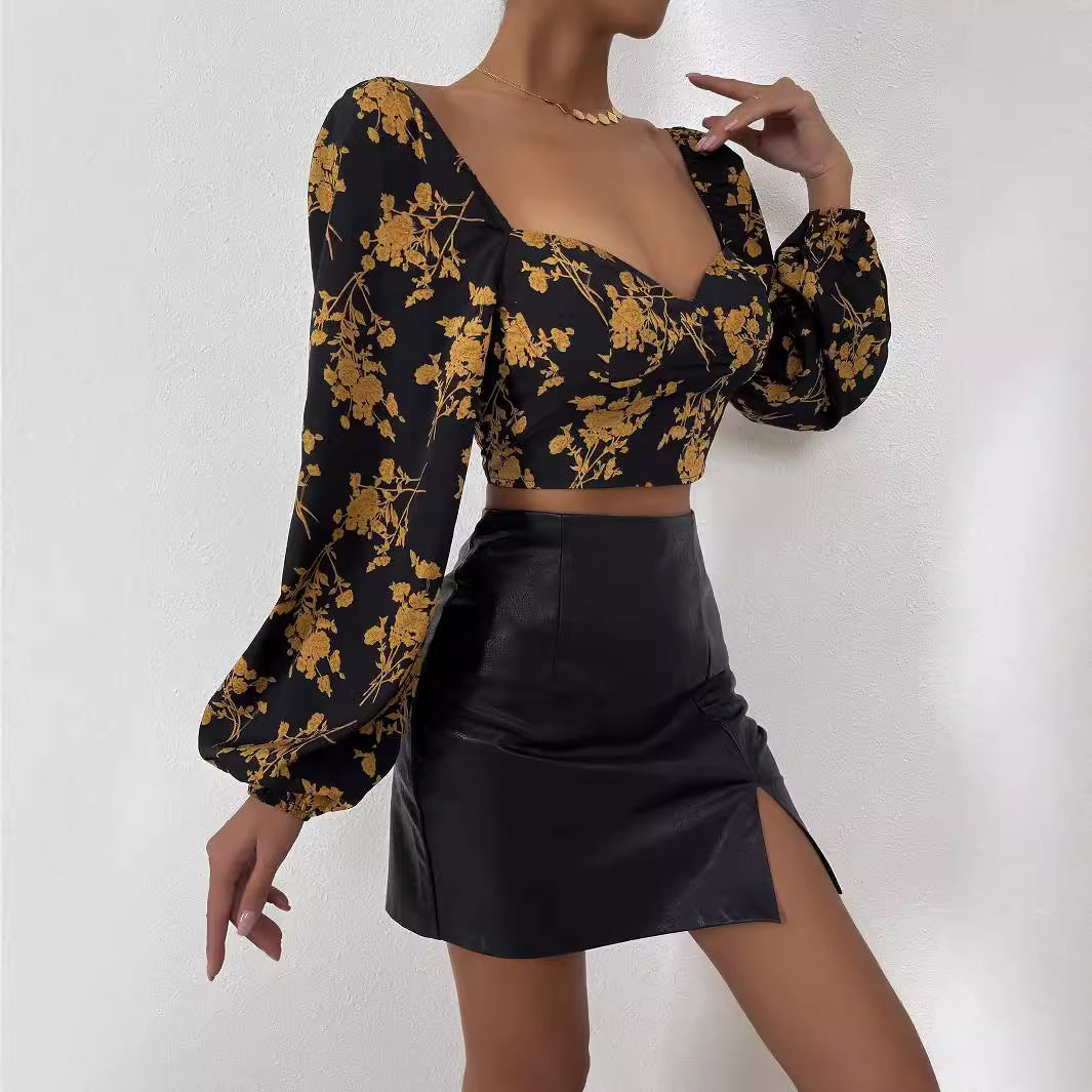 Damen Crop-Top mit floralem Muster und elegantem Puffärmel Drune