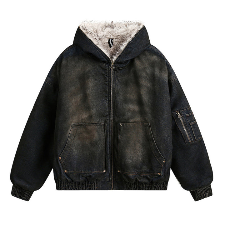 Herren Gefütterte Bomberjacke mit Teddyfutter, Kapuze und Used-Finish Drune